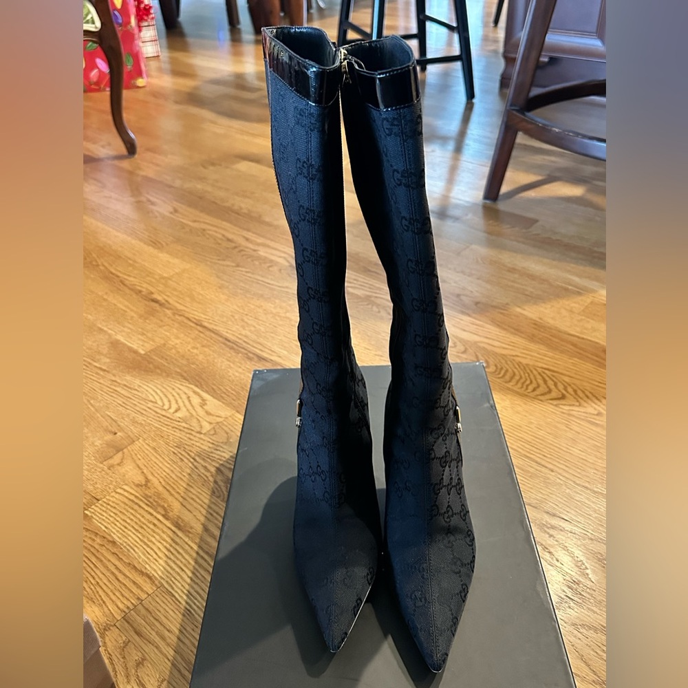 Gucci Black Monogram Heeled Boots